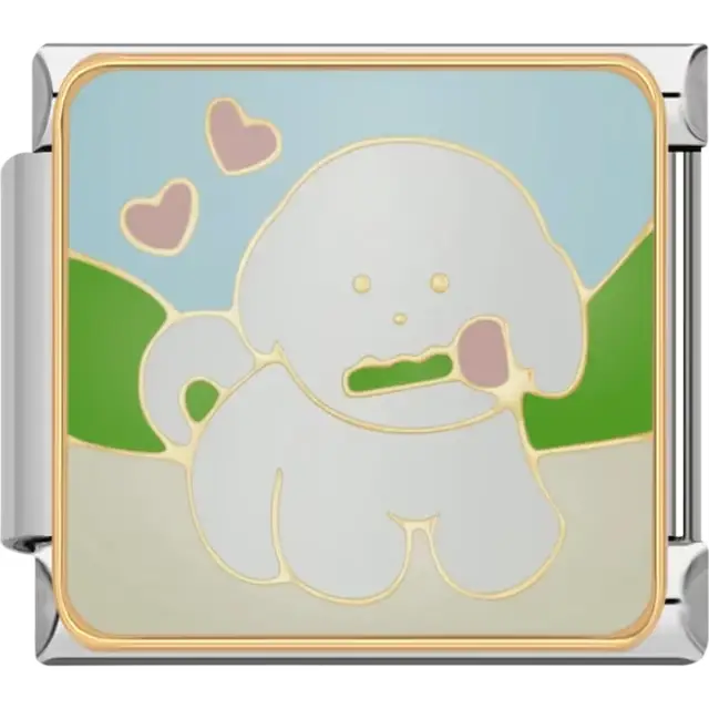 White puppy with pink hearts and a green landscape design Italian charm bracelet link