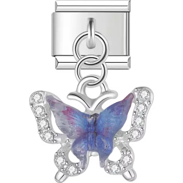 Butterfly with purple and blue gradient wings, accented by sparkling crystals Italian charm bracelet link