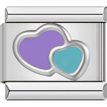 Double hearts design with purple and blue Italian charm bracelet link