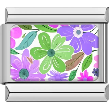 Purple green and pink flowers with green leaves on white background Italian charm bracelet link