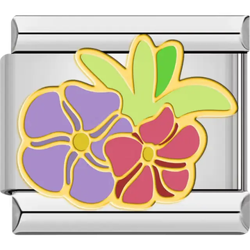 Purple flower with yellow center pink flower with yellow center green leaves Italian charm bracelet link