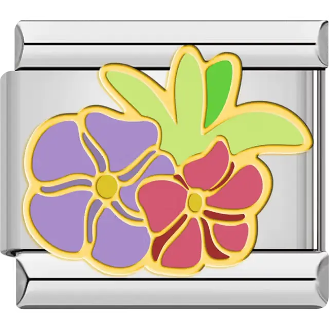 Purple flower with yellow center pink flower with yellow center green leaves Italian charm bracelet link