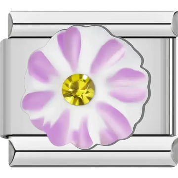 Purple and white flower with yellow crystal Italian charm bracelet link