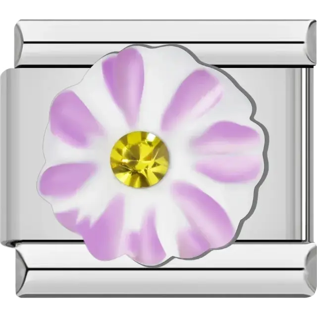 Purple and white flower with yellow crystal Italian charm bracelet link