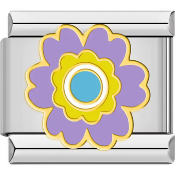 Purple outer flower yellow inner flower blue and white center Italian charm bracelet link
