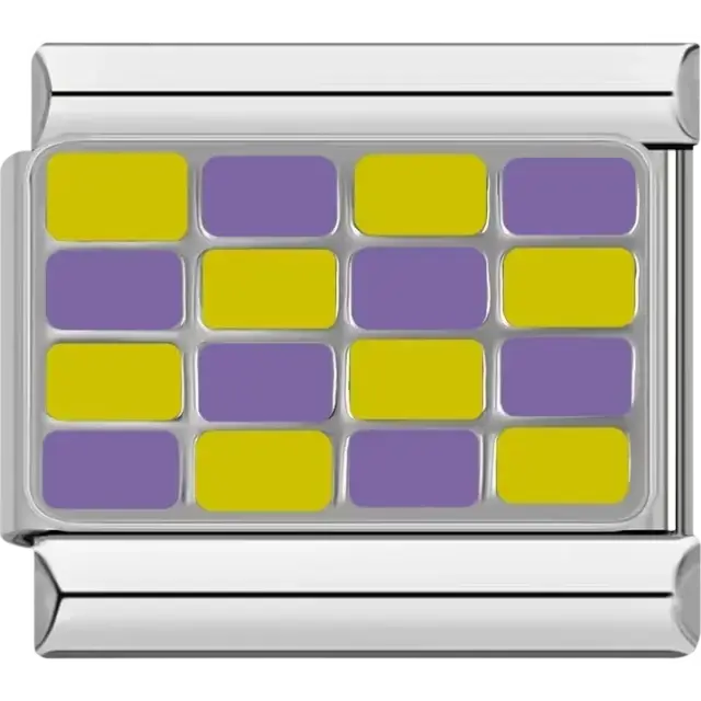 Alternating purple and yellow rectangular grid pattern Italian charm bracelet link