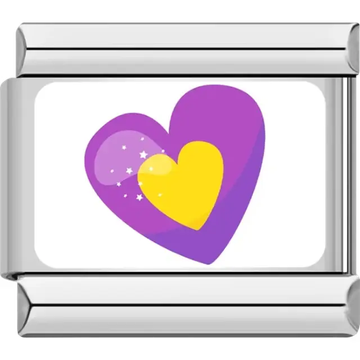 Large purple heart layered with a smaller yellow heart and star accents Italian charm bracelet link