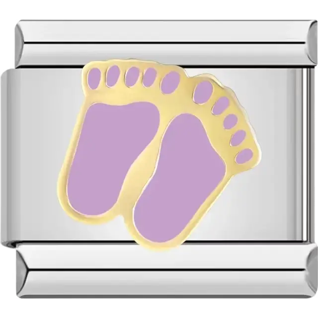 Gold baby footprint design with purple fill Italian charm bracelet link