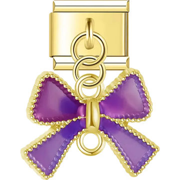 Purple bow on gold tone Italian charm bracelet link