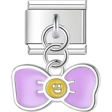 Purple bow with a smiling yellow center dangling Italian charm bracelet link