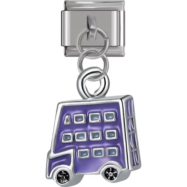 Purple double-decker bus with silver details and dangling design Italian charm bracelet link