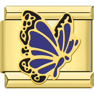 Gold-outlined butterfly with purple wings and black accents Italian charm bracelet link