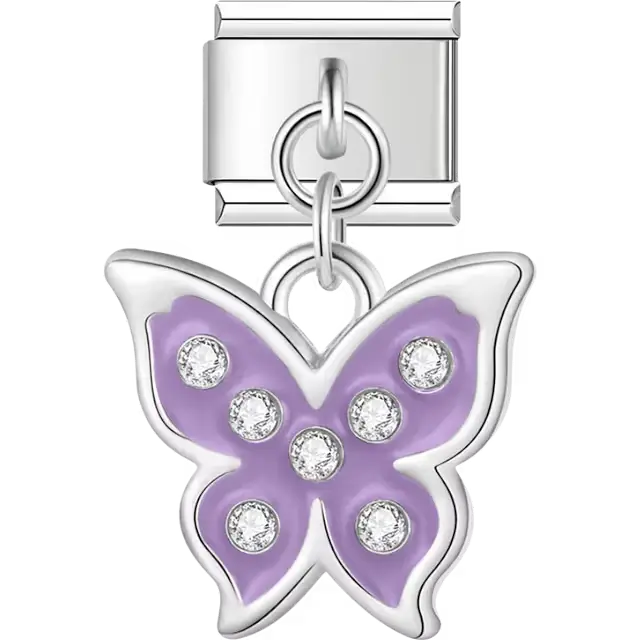 Purple butterfly with crystals dangle Italian charm bracelet link