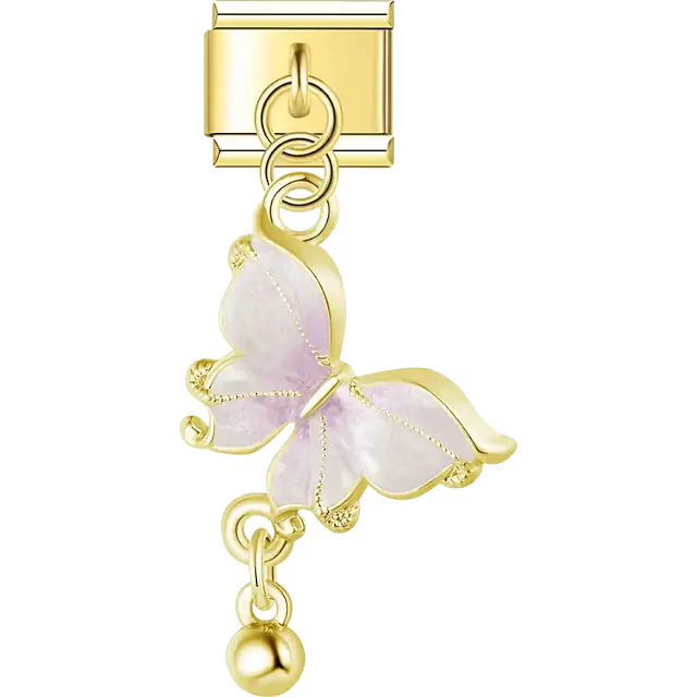 Gold trim butterfly with translucent purple enamel wings and a dangling bead Italian charm bracelet link
