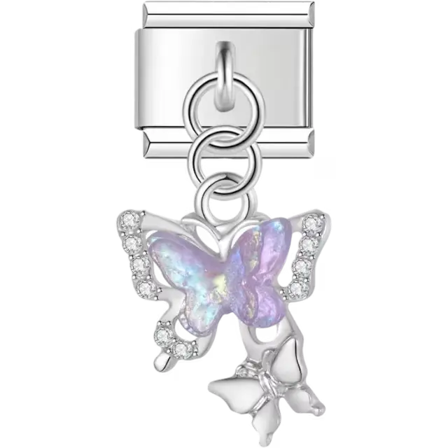 Butterfly pendant with a purple gemstone, clear stone accents, and an additional butterfly detail Italian charm bracelet link