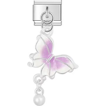 White butterfly with purple center accents and pearl drop dangle Italian charm bracelet link