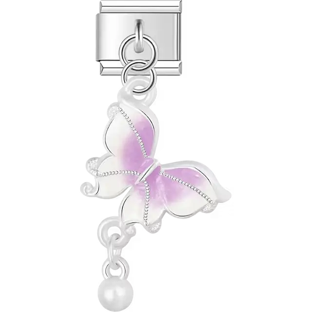 White butterfly with purple center accents and pearl drop dangle Italian charm bracelet link
