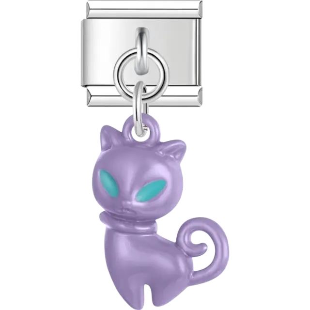 Purple cat with teal eyes dangle pendant Italian charm bracelet link