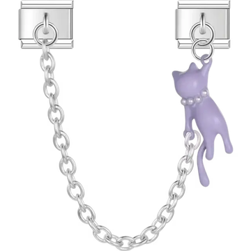 Purple cat dangle design with silver safety chain and pearl collar accent Italian charm bracelet link