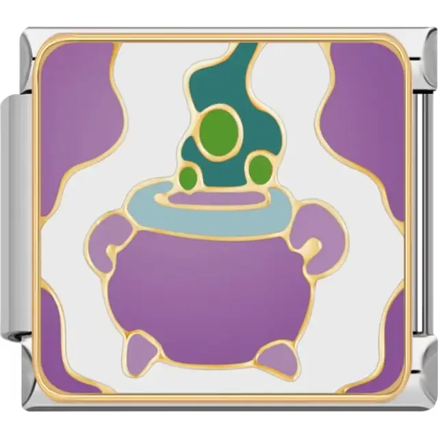 Purple cauldron with green and blue bubbling potion and gold accents Italian charm bracelet link