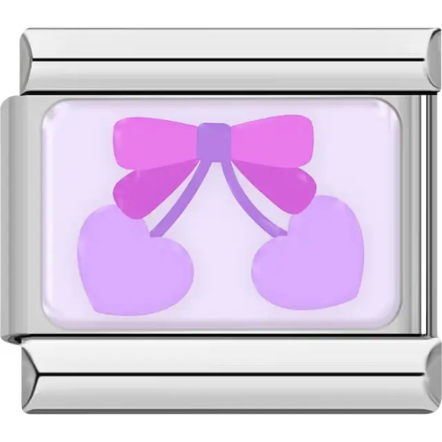 Purple bow with heart cherries on light purple background Italian charm bracelet link