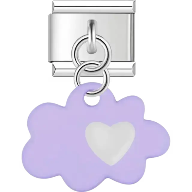 Purple cloud dangle charm with a white heart design Italian charm bracelet link