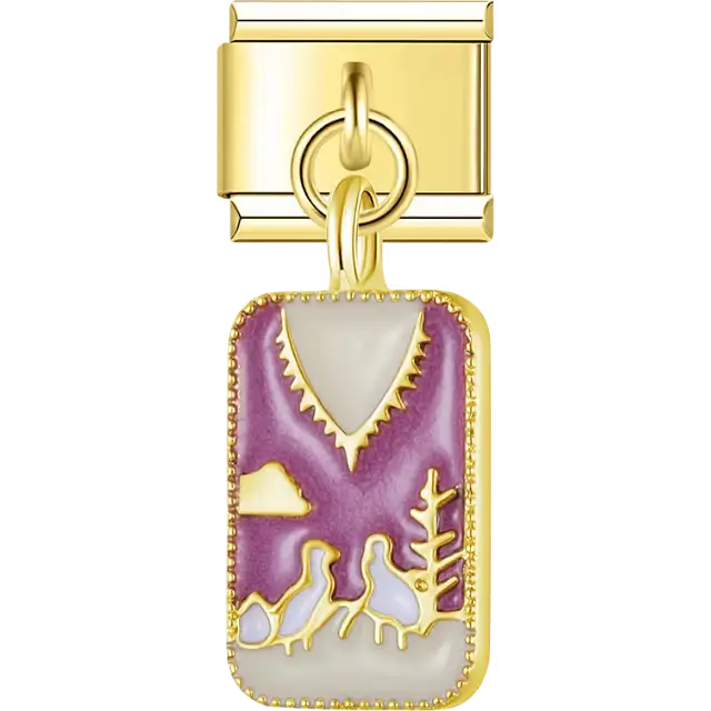 White and purple enamel rectangle with coral reef scene gold trim Italian charm bracelet link