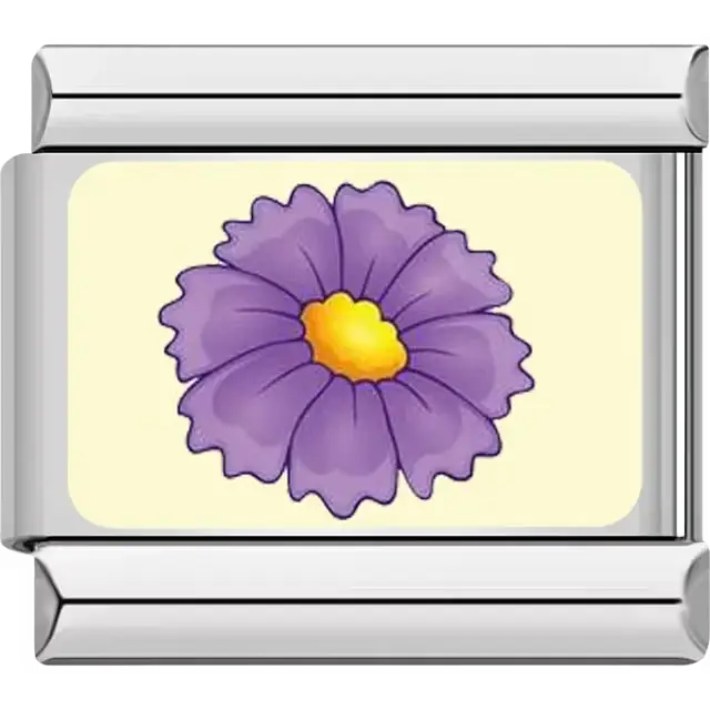 Purple cosmos flower yellow center cream background Italian charm bracelet link