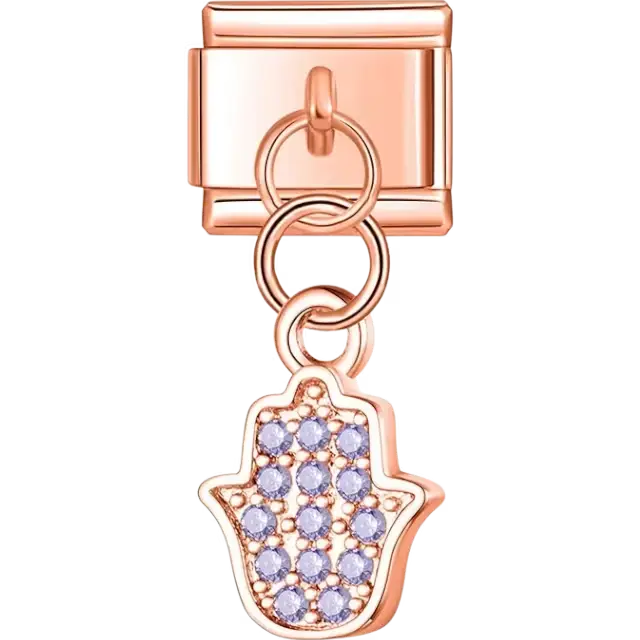 Dangle Hamsa hand with purple crystal accents Italian charm bracelet link