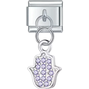 Dangle Hamsa hand with purple crystal accents Italian charm bracelet link