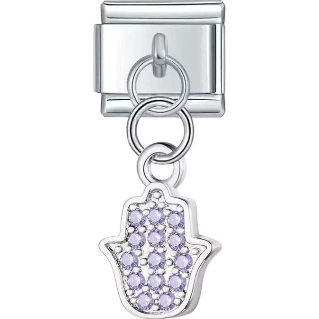 Dangle Hamsa hand with purple crystal accents Italian charm bracelet link