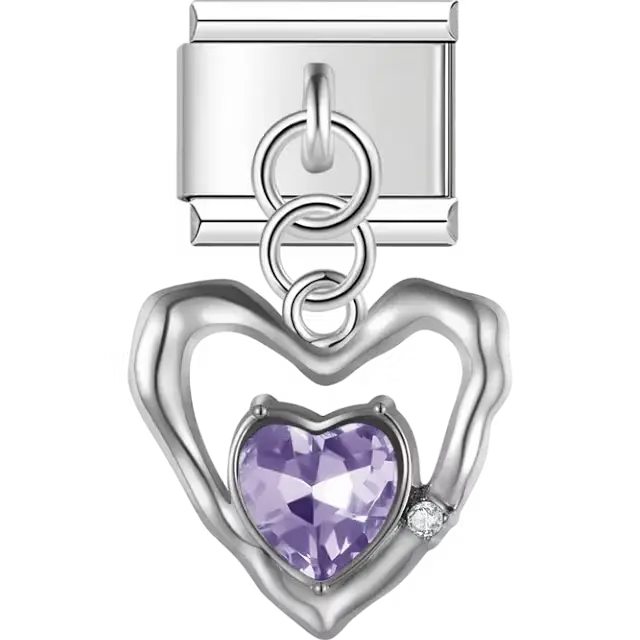 Open heart frame with purple faceted crystal centerpiece and small clear stone accent Italian charm bracelet link