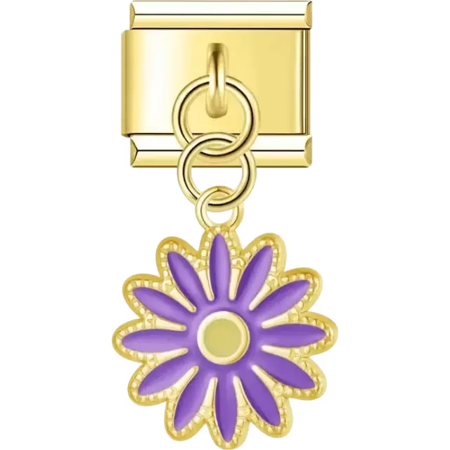 Gold dangling daisy with purple petals and a yellow center Italian charm bracelet link