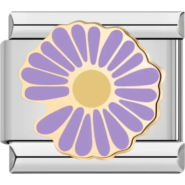 Daisy flower design with purple petals and a yellow center Italian charm bracelet link