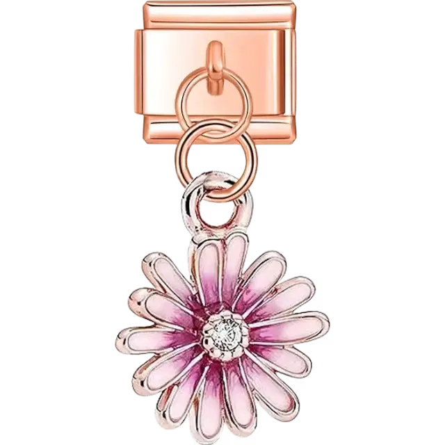 Purple daisy pendant with silver details and a gemstone center Italian charm bracelet link