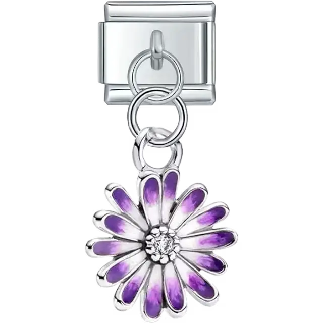 Purple daisy pendant with silver details and a gemstone center Italian charm bracelet link