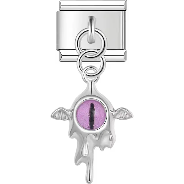 Purple dragon eye with wings design on dangle pendant Italian charm bracelet link