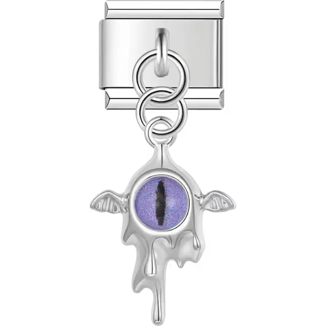 Purple dragon eye with silver wings design on dangle pendant Italian charm bracelet link