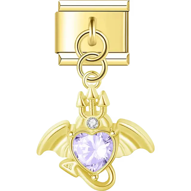 Dragon with wings purple crystal heart accent dangle Italian charm bracelet link