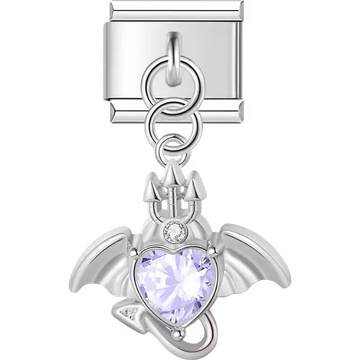 Dragon with wings purple crystal heart accent dangle Italian charm bracelet link