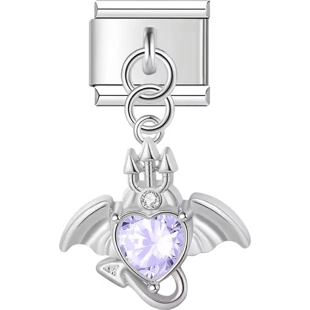 Dragon with wings purple crystal heart accent dangle Italian charm bracelet link