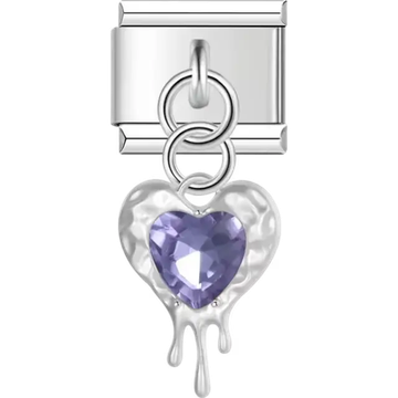 Dangle dripping heart with a purple heart-shaped center Italian charm bracelet link
