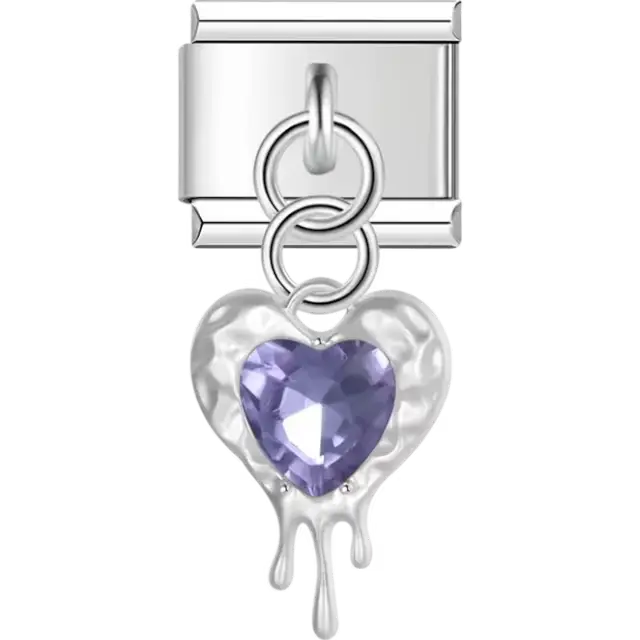 Dangle dripping heart with a purple heart-shaped center Italian charm bracelet link