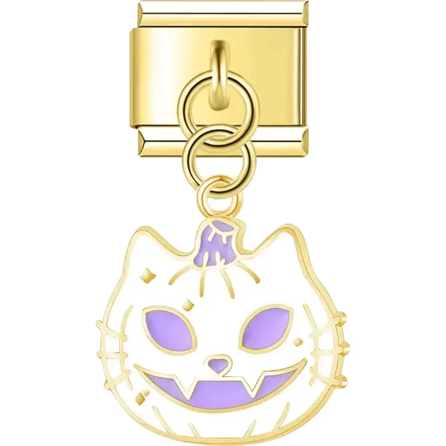 Pumpkin with a cat face design featuring purple eyes and carved whisker details dangle Italian charm bracelet link