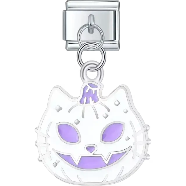 Pumpkin with a cat face design featuring purple eyes and carved whisker details dangle Italian charm bracelet link