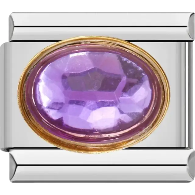 Purple faceted oval stone with gold border Italian charm bracelet link