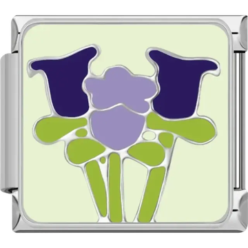 Purple flowers with green stems Italian charm bracelet link