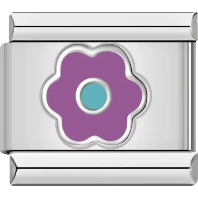 Purple flower design with a blue center Italian charm bracelet link