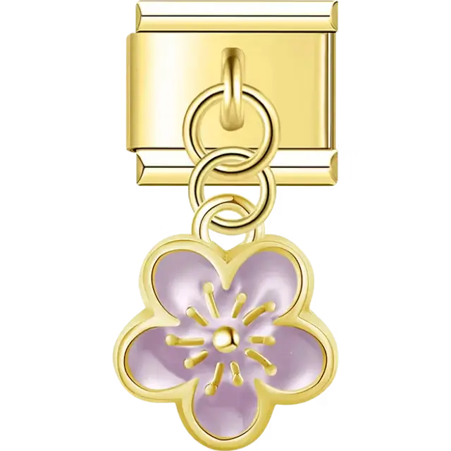 Gold outline flower with purple enamel dangle Italian charm bracelet link