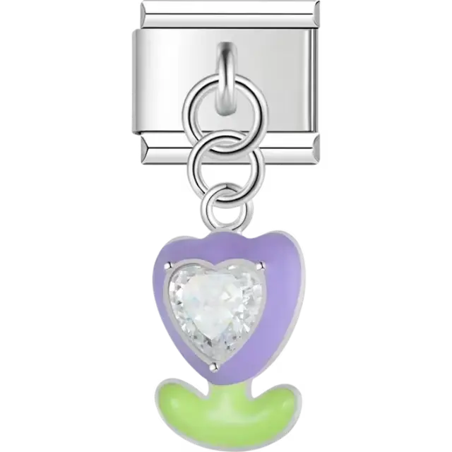 Purple flower with green leaves and a clear heart-shaped gemstone Italian charm bracelet link
